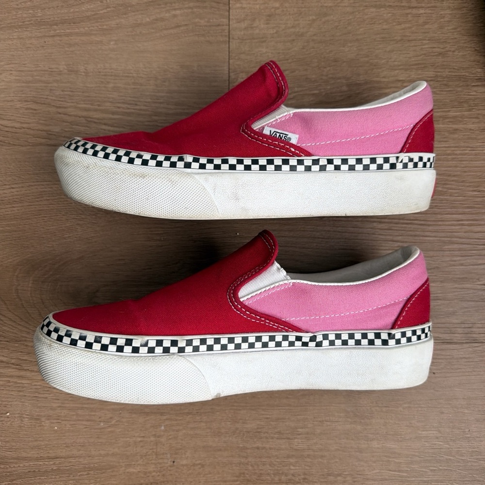 Vans Red & Pink Platform Slip-On Sneakers with Checkered Accent - Picture 4 of 8
